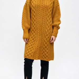 Custom Women's Lambswool Cable-Knit Oversized Turtleneck Sweater Dress Mustard