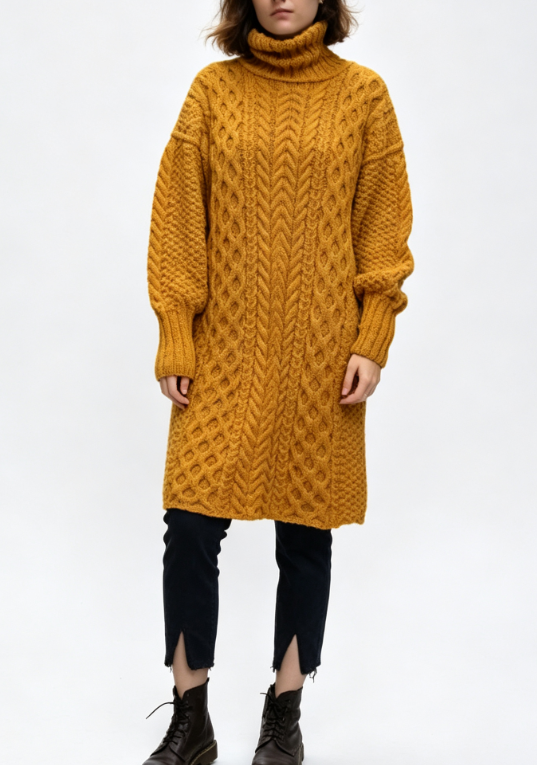 Custom Women's Lambswool Cable-Knit Oversized Turtleneck Sweater Dress Mustard