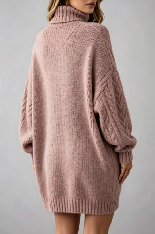 Custom Women's Lambswool Cable-Knit Oversized Turtleneck Sweater Dress Dusty Pink - view 2 Custom Women's Lambswool Cable-Knit Oversized Turtleneck Sweater Dress Dusty Pink - view 2