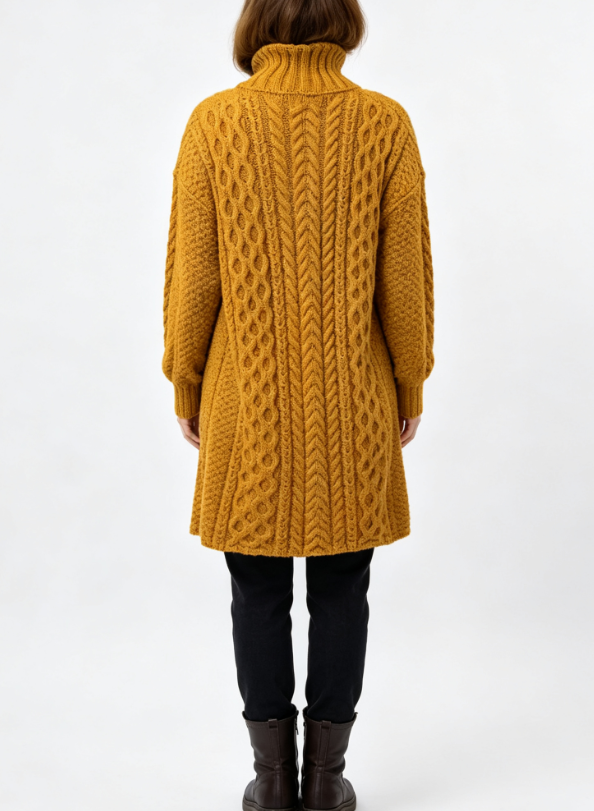 Custom Women's Lambswool Cable-Knit Oversized Turtleneck Sweater Dress Mustard - view 2