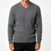 Custom Men's Lambswool Cable-Knit Longline V Neck Sweater Slate Grey