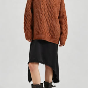 Custom Women's Lambswool Cable-Knit Oversized Crew Neck Sweater Rust
