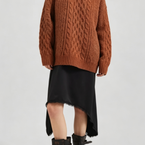 Custom Women's Lambswool Cable-Knit Oversized Crew Neck Sweater Rust Custom Women's Lambswool Cable-Knit Oversized Crew Neck Sweater Rust