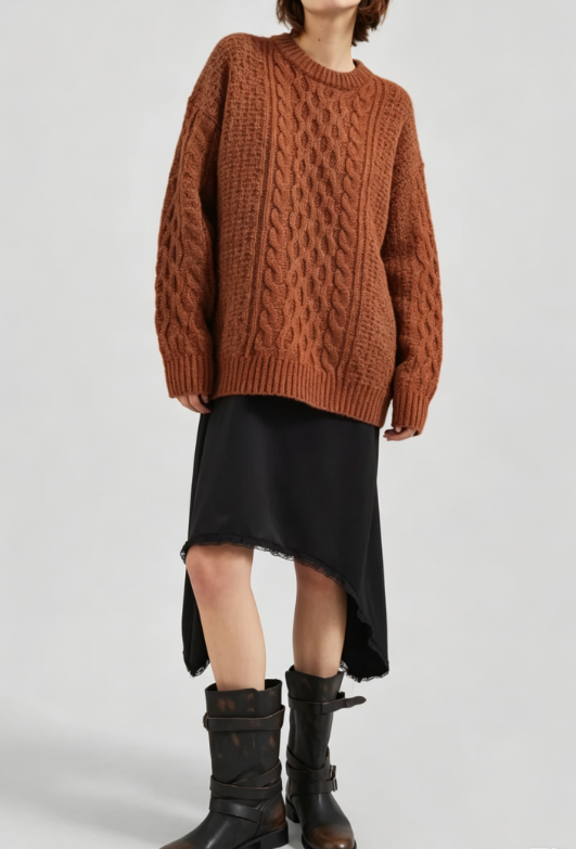 Custom Women's Lambswool Cable-Knit Oversized Crew Neck Sweater Rust Custom Women's Lambswool Cable-Knit Oversized Crew Neck Sweater Rust