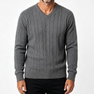 Custom Men's Lambswool Cable-Knit Longline V Neck Sweater Slate Grey