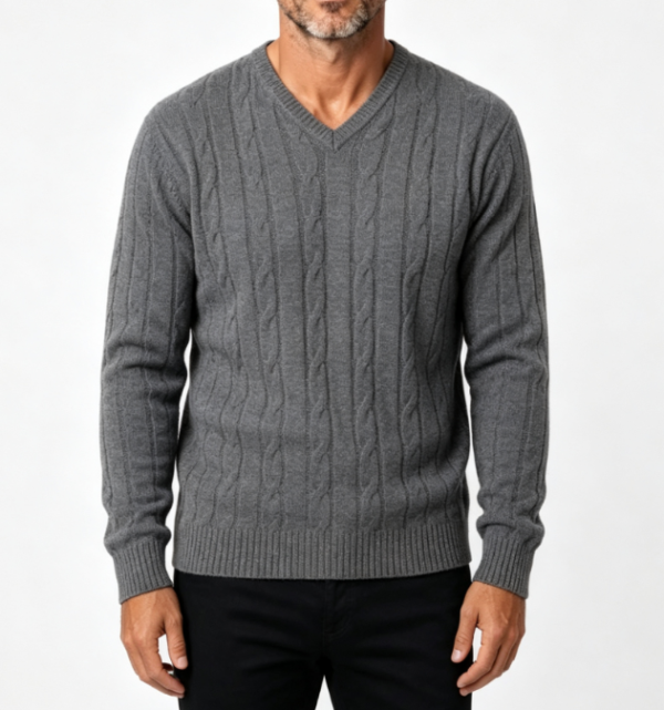 Custom Men's Lambswool Cable-Knit Longline V Neck Sweater Slate Grey
