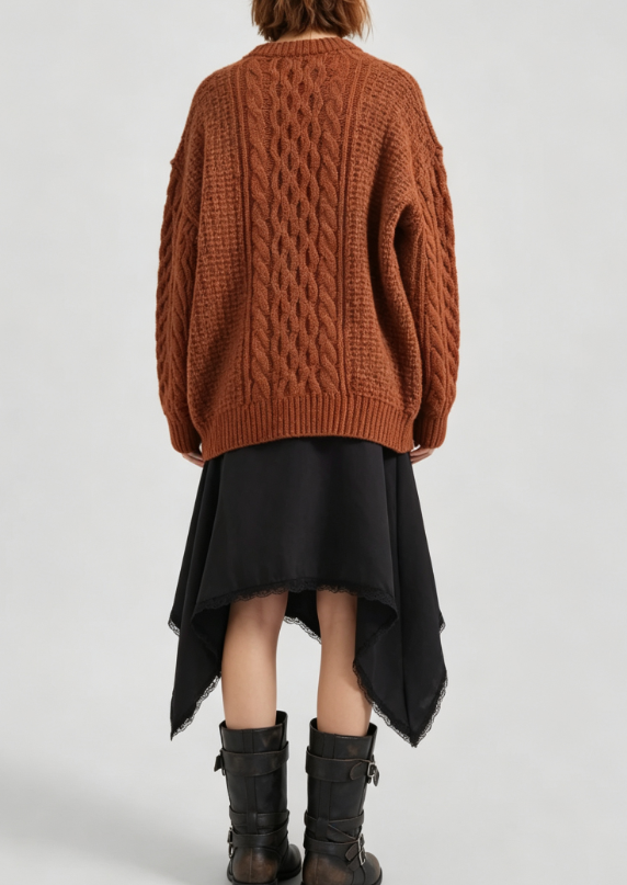 Custom Women's Lambswool Cable-Knit Oversized Crew Neck Sweater Rust - view 2 Custom Women's Lambswool Cable-Knit Oversized Crew Neck Sweater Rust - view 2