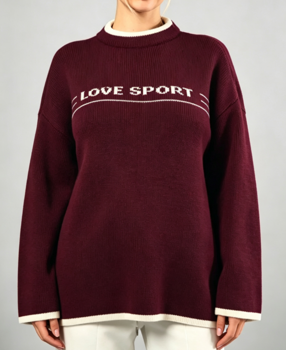 Custom Women's Lambswool Jacquard Oversized Crew Neck Sweater Burgundy