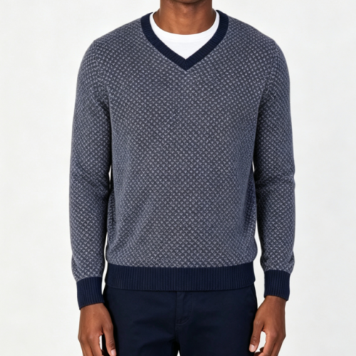 Custom Men's Lambswool Jacquard Longline V Neck Sweater Navy
