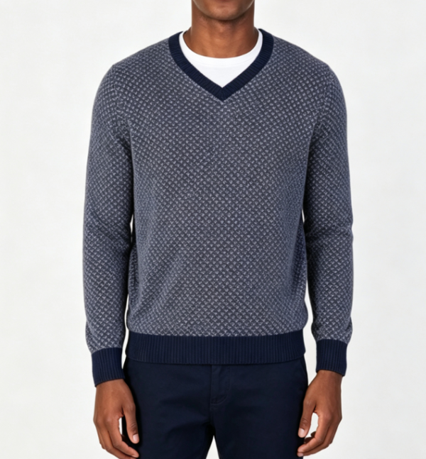 Custom Men's Lambswool Jacquard Longline V Neck Sweater Navy Custom Men's Lambswool Jacquard Longline V Neck Sweater Navy