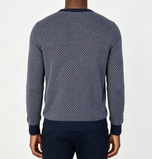 Custom Men's Lambswool Jacquard Longline V Neck Sweater Navy - view 2 Custom Men's Lambswool Jacquard Longline V Neck Sweater Navy - view 2