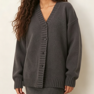 Custom Women's Lambswool Ribbed Oversized Button-Up Cardigan Charcoal