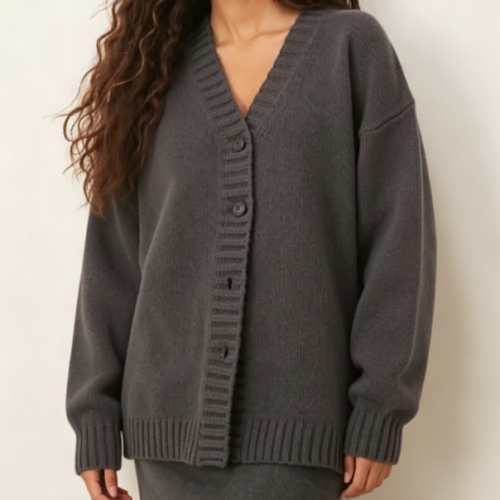 Custom Women's Lambswool Ribbed Oversized Button-Up Cardigan Charcoal Custom Women's Lambswool Ribbed Oversized Button-Up Cardigan Charcoal