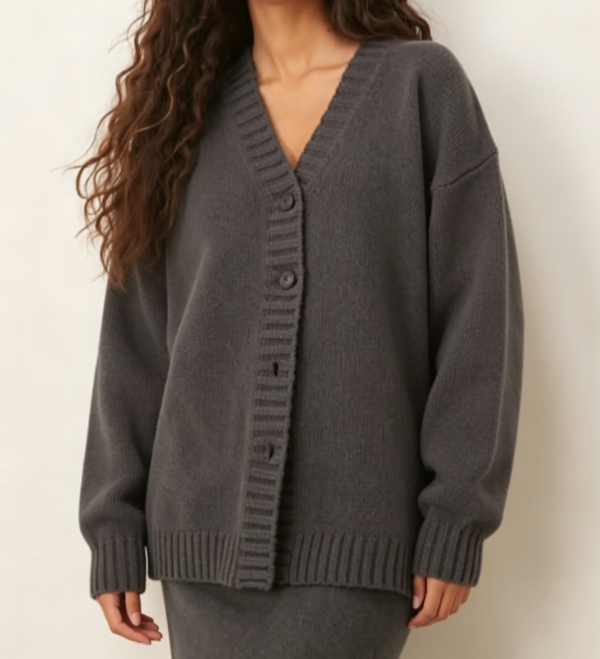 Custom Women's Lambswool Ribbed Oversized Button-Up Cardigan Charcoal Custom Women's Lambswool Ribbed Oversized Button-Up Cardigan Charcoal