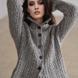 Custom Women's Lambswool Ribbed Oversized Charcoal Cardigan - Style 1B6965