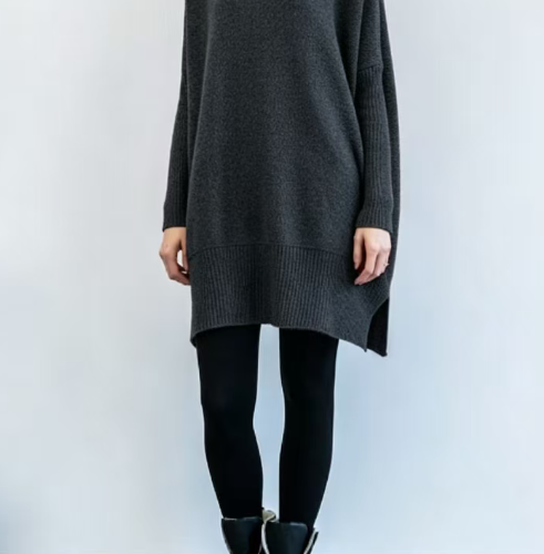 Custom Women's Lambswool Ribbed Oversized Turtleneck Sweater Dress Charcoal