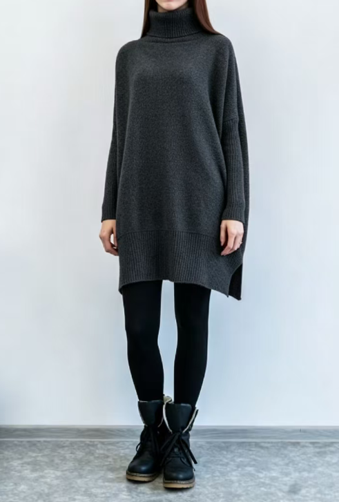 Custom Women's Lambswool Ribbed Oversized Turtleneck Sweater Dress Charcoal