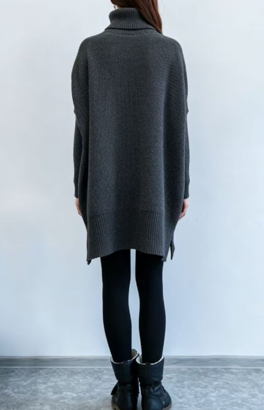 Custom Women's Lambswool Ribbed Oversized Turtleneck Sweater Dress Charcoal - view 2