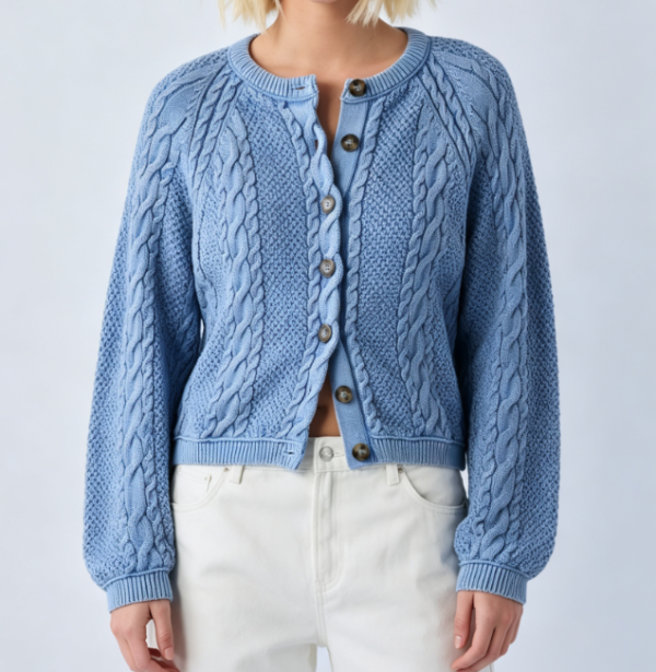 Custom Women's Merino Wool Cable-Knit Cropped Washed Blue Cardigan - Style 061412