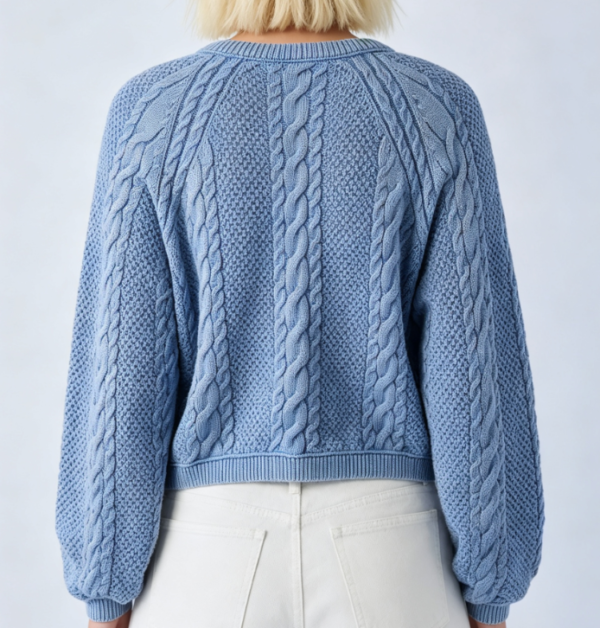 Custom Women's Merino Wool Cable-Knit Cropped Washed Blue Cardigan - Style 061412 - view 2