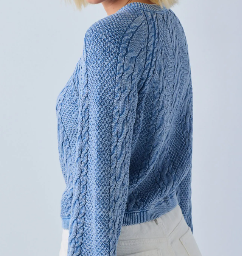 Custom Women's Merino Wool Cable-Knit Cropped Washed Blue Cardigan - Style 061412 - view 3