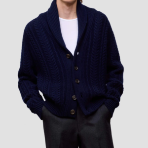 Custom Men's Merino Wool Cable-Knit Oversized Button-Up Cardigan Navy