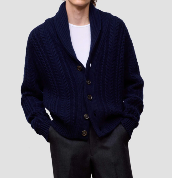 Custom Men's Merino Wool Cable-Knit Oversized Button-Up Cardigan Navy Custom Men's Merino Wool Cable-Knit Oversized Button-Up Cardigan Navy