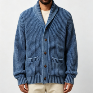 Custom Men's Merino Wool Cable-Knit Oversized Button-Up Cardigan Washed Blue