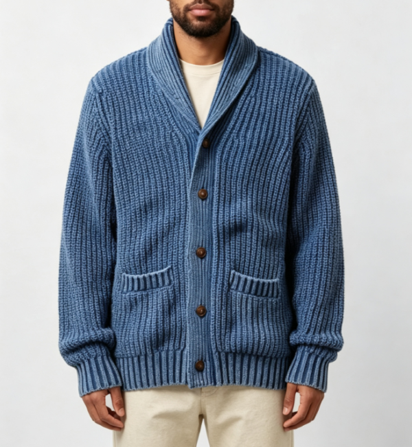 Custom Men's Merino Wool Cable-Knit Oversized Button-Up Cardigan Washed Blue Custom Men's Merino Wool Cable-Knit Oversized Button-Up Cardigan Washed Blue