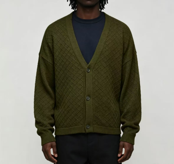 Custom Men's Merino Wool Cable-Knit Oversized Button-Up Cardigan Forest Green Custom Men's Merino Wool Cable-Knit Oversized Button-Up Cardigan Forest Green