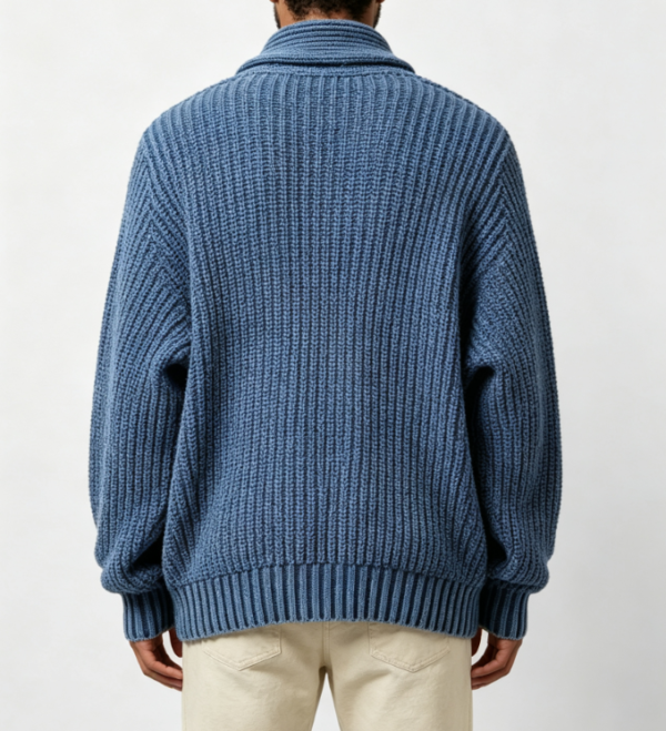 Custom Men's Merino Wool Cable-Knit Oversized Button-Up Cardigan Washed Blue - view 2 Custom Men's Merino Wool Cable-Knit Oversized Button-Up Cardigan Washed Blue - view 2
