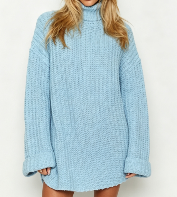 Custom Women's Merino Wool Cable-Knit Oversized Turtleneck Sweater Dress Washed Blue Custom Women's Merino Wool Cable-Knit Oversized Turtleneck Sweater Dress Washed Blue