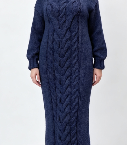 Custom Women's Merino Wool Cable-Knit Oversized Turtleneck Sweater Dress Navy