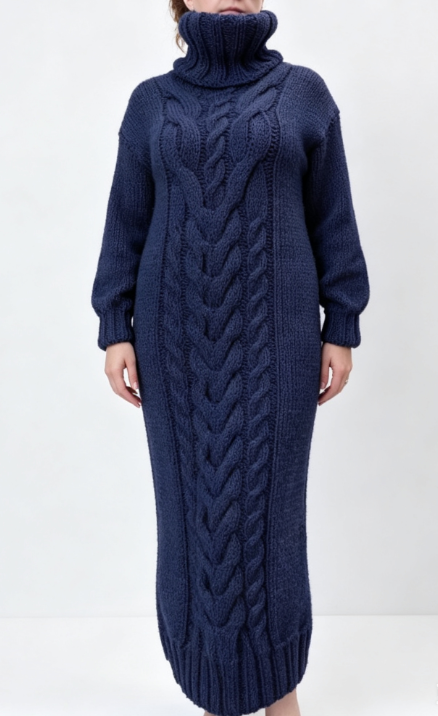 Custom Women's Merino Wool Cable-Knit Oversized Turtleneck Sweater Dress Navy