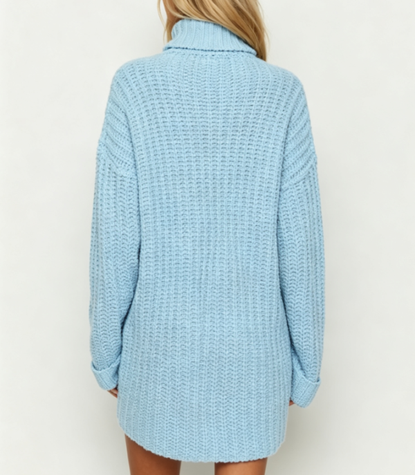 Custom Women's Merino Wool Cable-Knit Oversized Turtleneck Sweater Dress Washed Blue - view 2 Custom Women's Merino Wool Cable-Knit Oversized Turtleneck Sweater Dress Washed Blue - view 2
