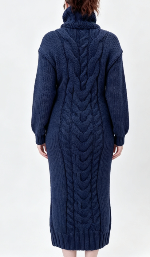 Custom Women's Merino Wool Cable-Knit Oversized Turtleneck Sweater Dress Navy - view 2