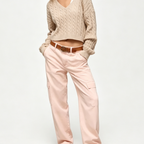 Custom Women's Merino Wool Cable-Knit Cropped V Neck Sweater Sand Custom Women's Merino Wool Cable-Knit Cropped V Neck Sweater Sand