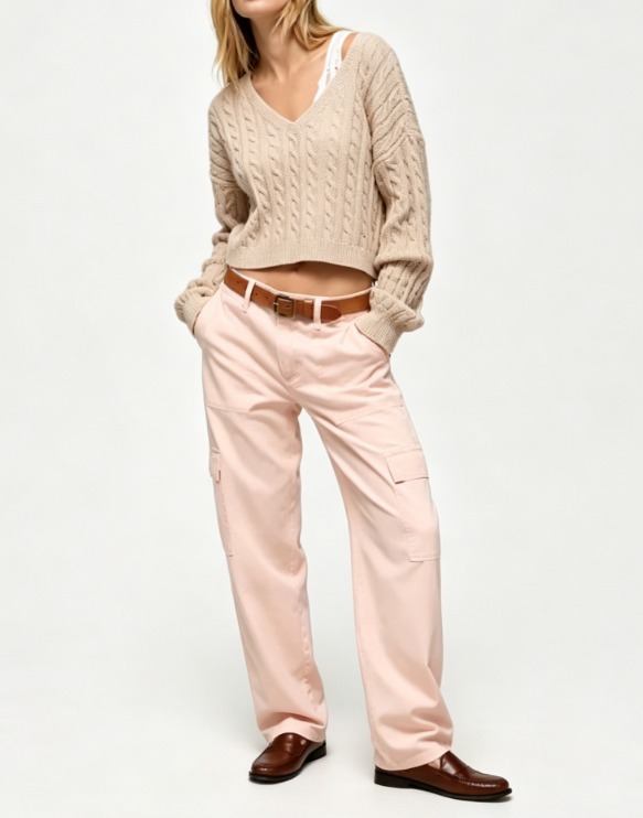 Custom Women's Merino Wool Cable-Knit Cropped V Neck Sweater Sand