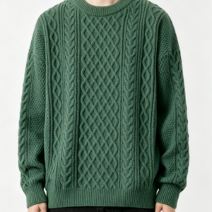 Custom Men's Merino Wool Cable-Knit Oversized Crew Neck Sweater Forest Green