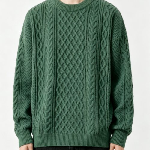 Custom Men's Merino Wool Cable-Knit Oversized Crew Neck Sweater Forest Green