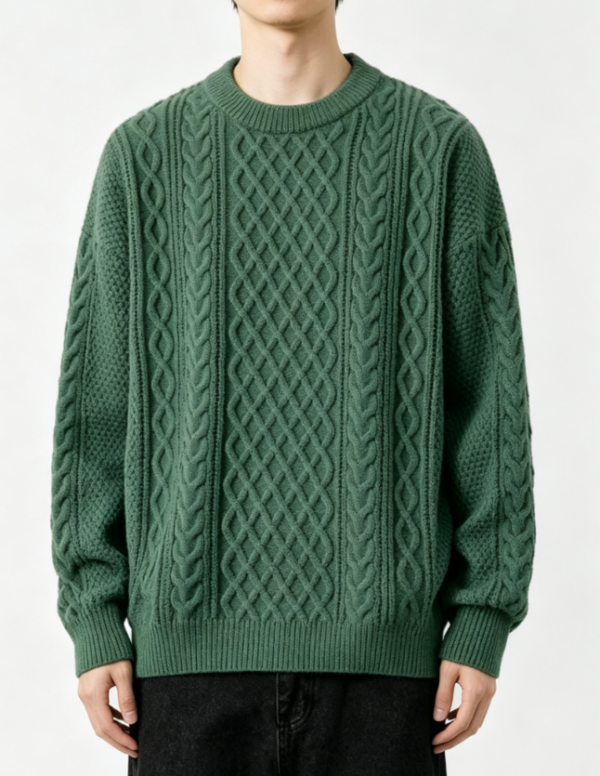 Custom Men's Merino Wool Cable-Knit Oversized Crew Neck Sweater Forest Green Custom Men's Merino Wool Cable-Knit Oversized Crew Neck Sweater Forest Green