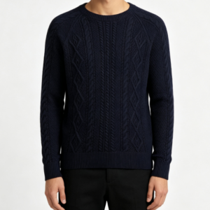 Custom Men's Merino Wool Cable-Knit Oversized Crew Neck Sweater Navy