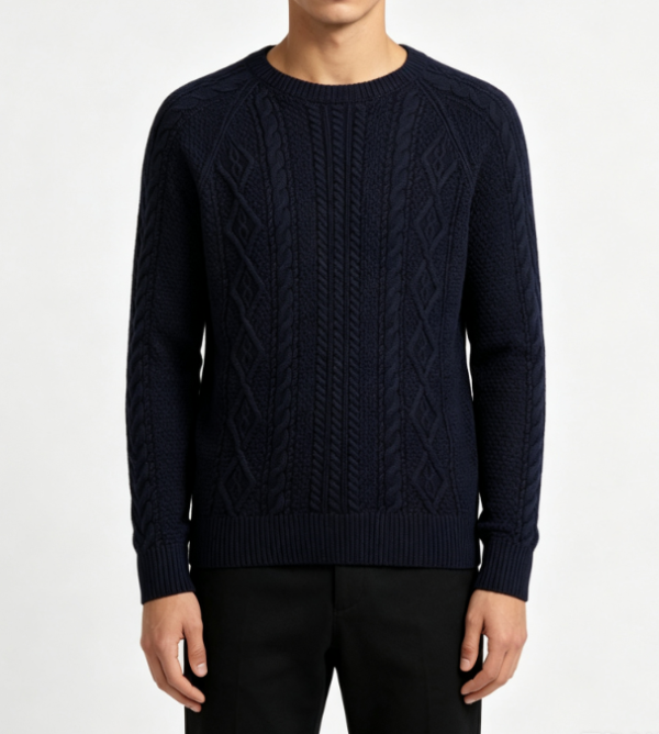 Custom Men's Merino Wool Cable-Knit Oversized Crew Neck Sweater Navy Custom Men's Merino Wool Cable-Knit Oversized Crew Neck Sweater Navy