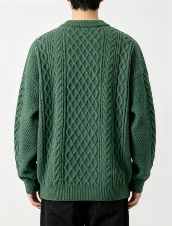 Custom Men's Merino Wool Cable-Knit Oversized Crew Neck Sweater Forest Green - view 2 Custom Men's Merino Wool Cable-Knit Oversized Crew Neck Sweater Forest Green - view 2
