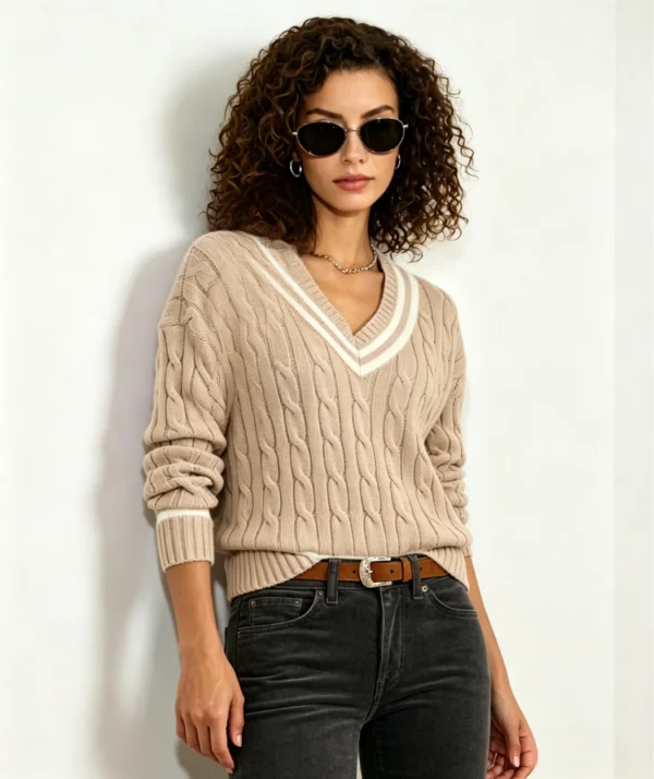 Custom Women's Merino Wool Cable-Knit Cropped Sand Sweater - Style 0E6607 - view 4