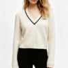 Custom Women's Merino Wool Jacquard Cropped V Neck Sweater Cream Custom Women's Merino Wool Jacquard Cropped V Neck Sweater Cream
