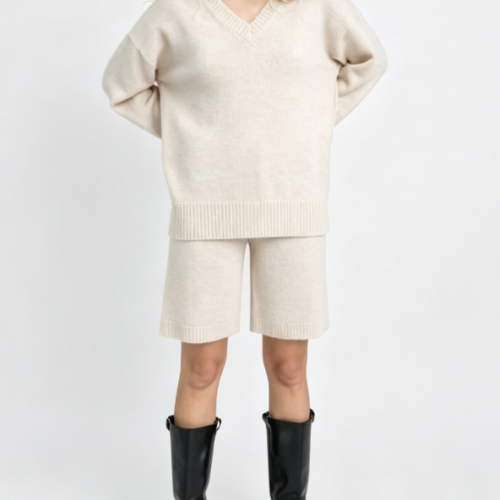 Custom Women's Merino Wool Jacquard Oversized V Neck Sweater Bone Custom Women's Merino Wool Jacquard Oversized V Neck Sweater Bone
