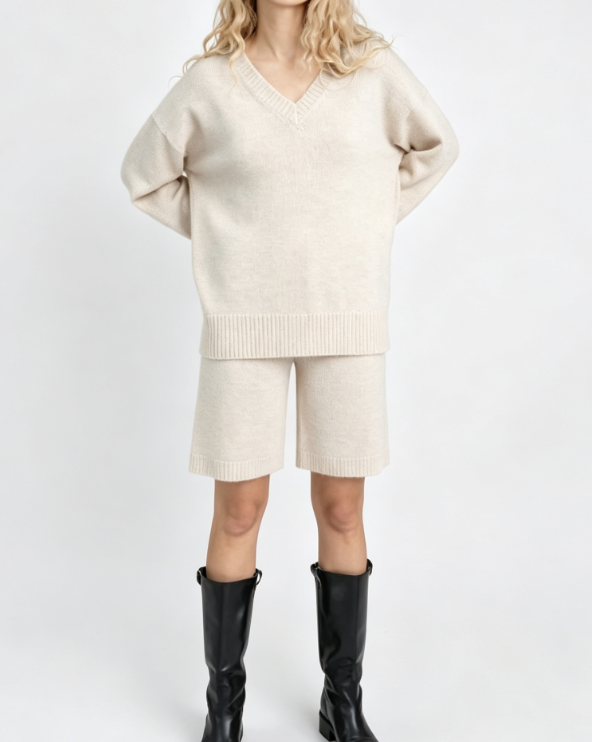 Custom Women's Merino Wool Jacquard Oversized V Neck Sweater Bone Custom Women's Merino Wool Jacquard Oversized V Neck Sweater Bone