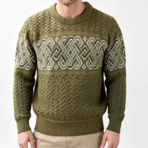 Custom Men's Merino Wool Jacquard Oversized Crew Neck Sweater Army Green