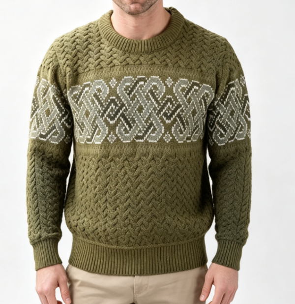 Custom Men's Merino Wool Jacquard Oversized Crew Neck Sweater Army Green